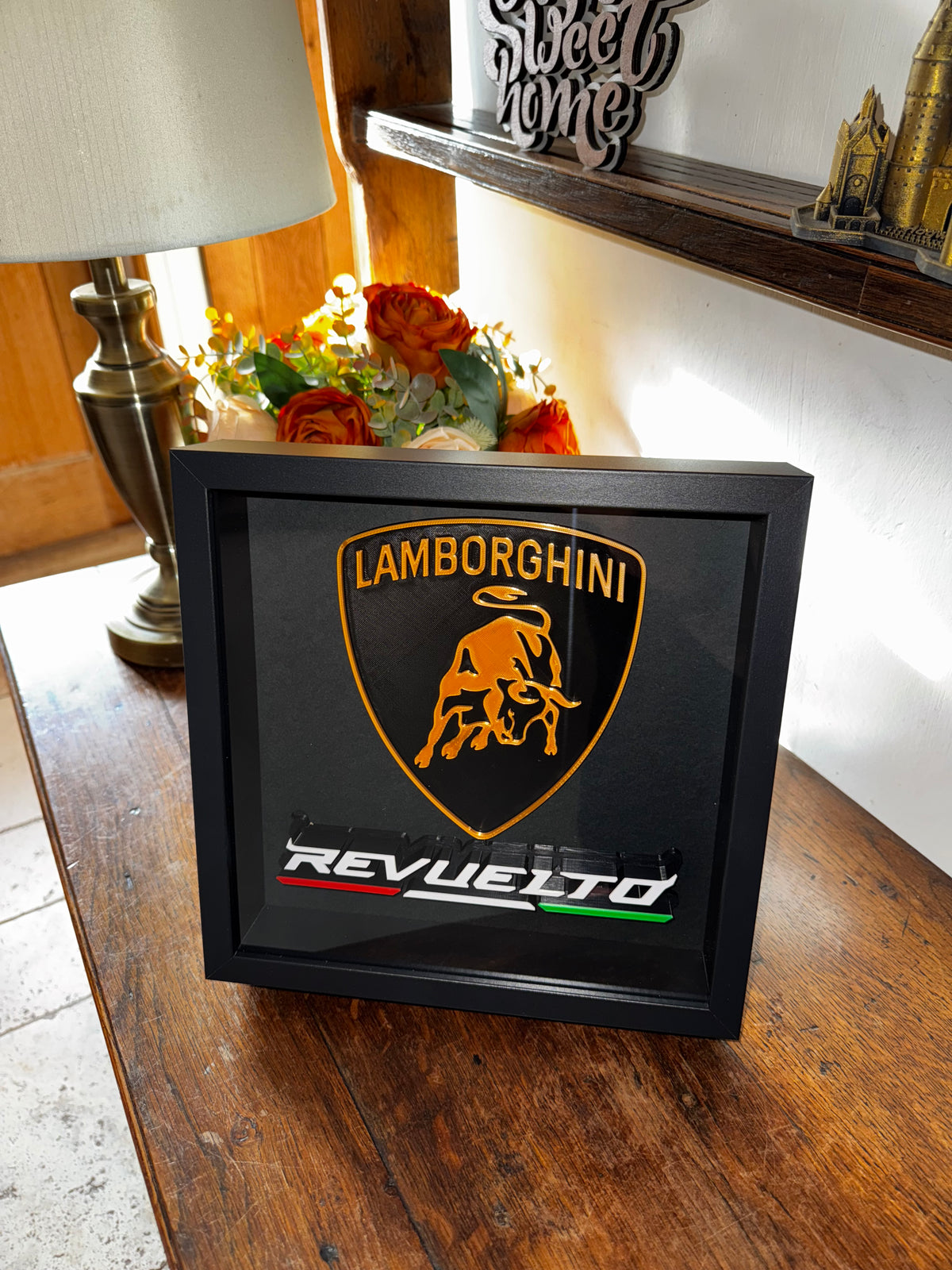 Lamborghini 3D Framed Wall Art | Gold & Black Supercar Display~ 25cm x 25cm