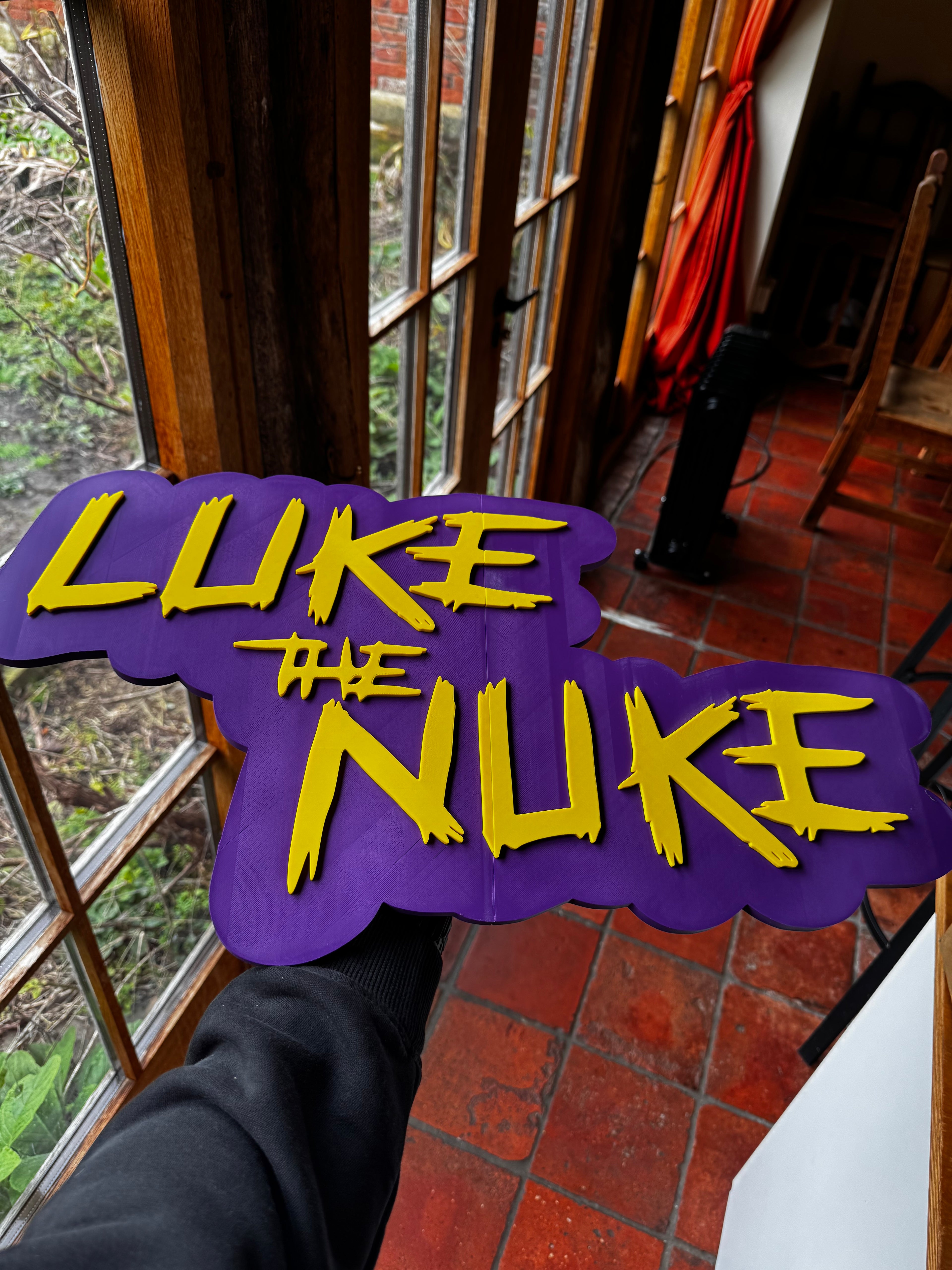 Luke The Nuke 3D Printed Darts Sign – Purple & Yellow Wall Plaque – Darts Fan Gift 50cm