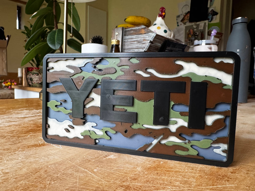 YETI Camo 3D Printed Sign – Camouflage Outdoor Hunting Fishing Man Cave Wall Plaque 20cm