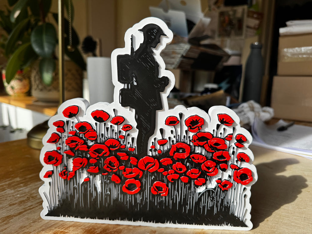 Remembrance Soldier & Poppy Field 3D Printed Plaque – Lest We Forget Memorial Display