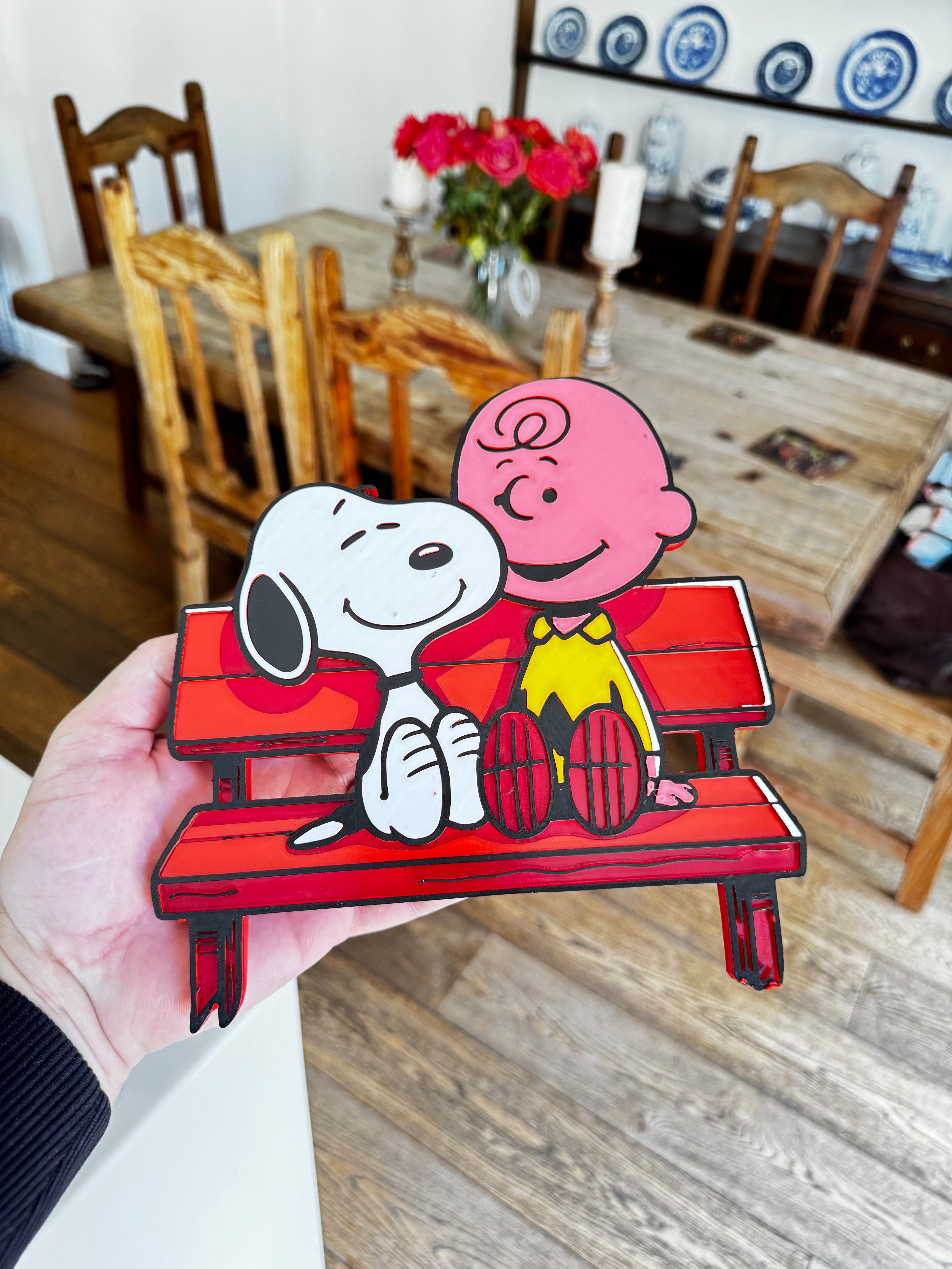 Snoopy & Charlie Brown Friendship 3D Printed Wall Plaque – Peanuts Red Bench Display – Cartoon Décor – Brettin3D