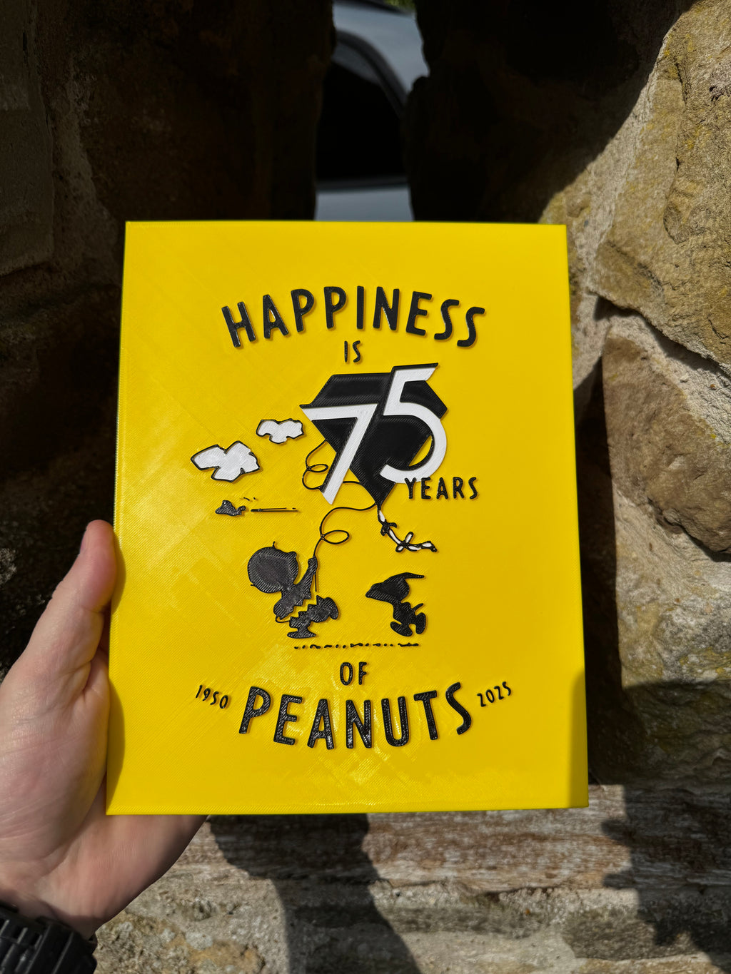 Peanuts 75th Anniversary 3D Printed Plaque – Snoopy & Woodstock Happiness Is 75 Years – 1950–2025 – Brettin3D