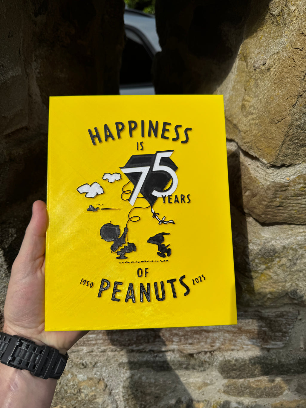 Peanuts 75th Anniversary 3D Printed Plaque – Snoopy & Woodstock Happiness Is 75 Years – 1950–2025 – Brettin3D