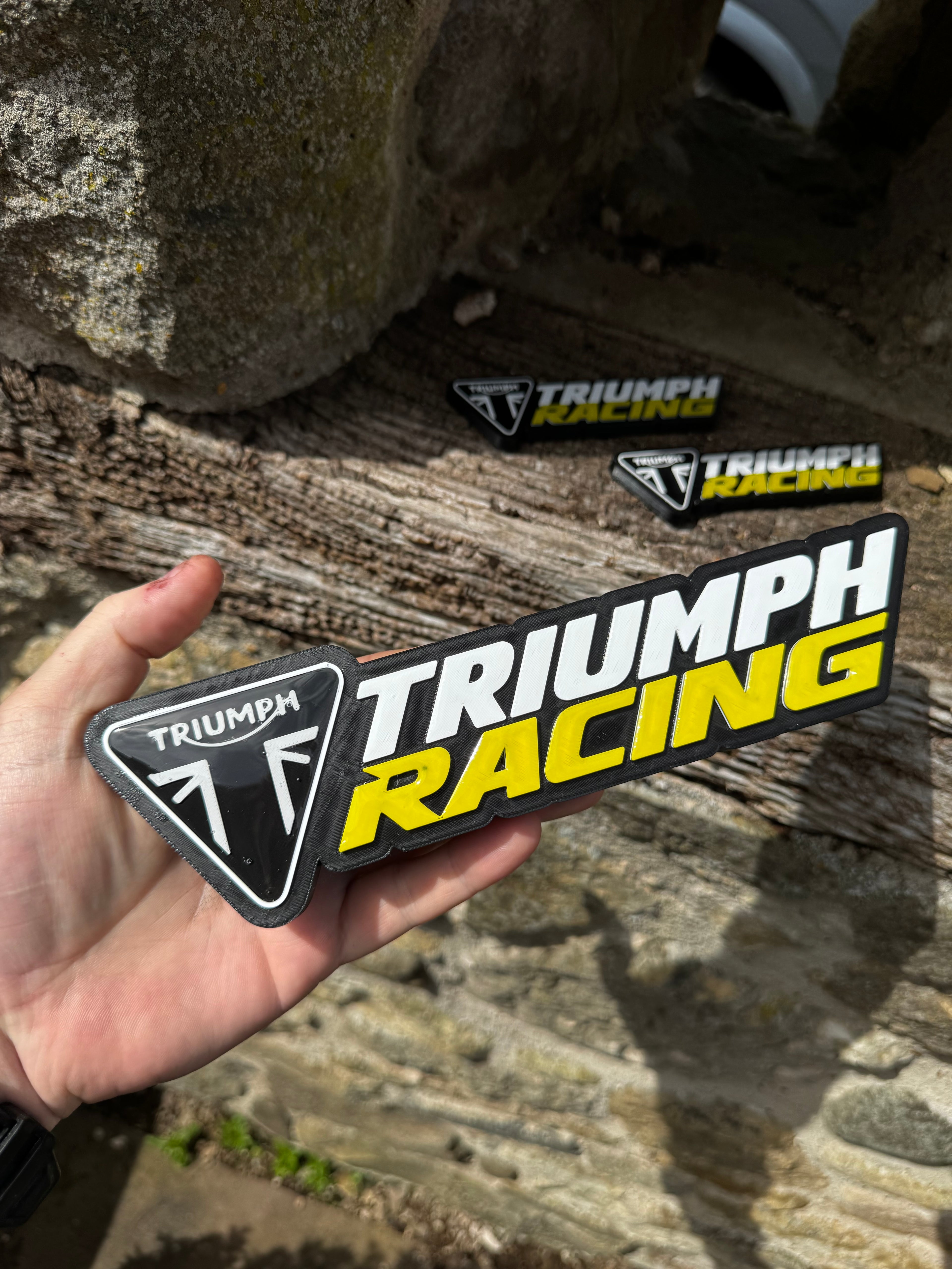 Triumph Racing 3D Printed Logo Plaque Set – Large Wall Sign + 2 Mini Signs – Motorcycle Garage Display – Brettin3D