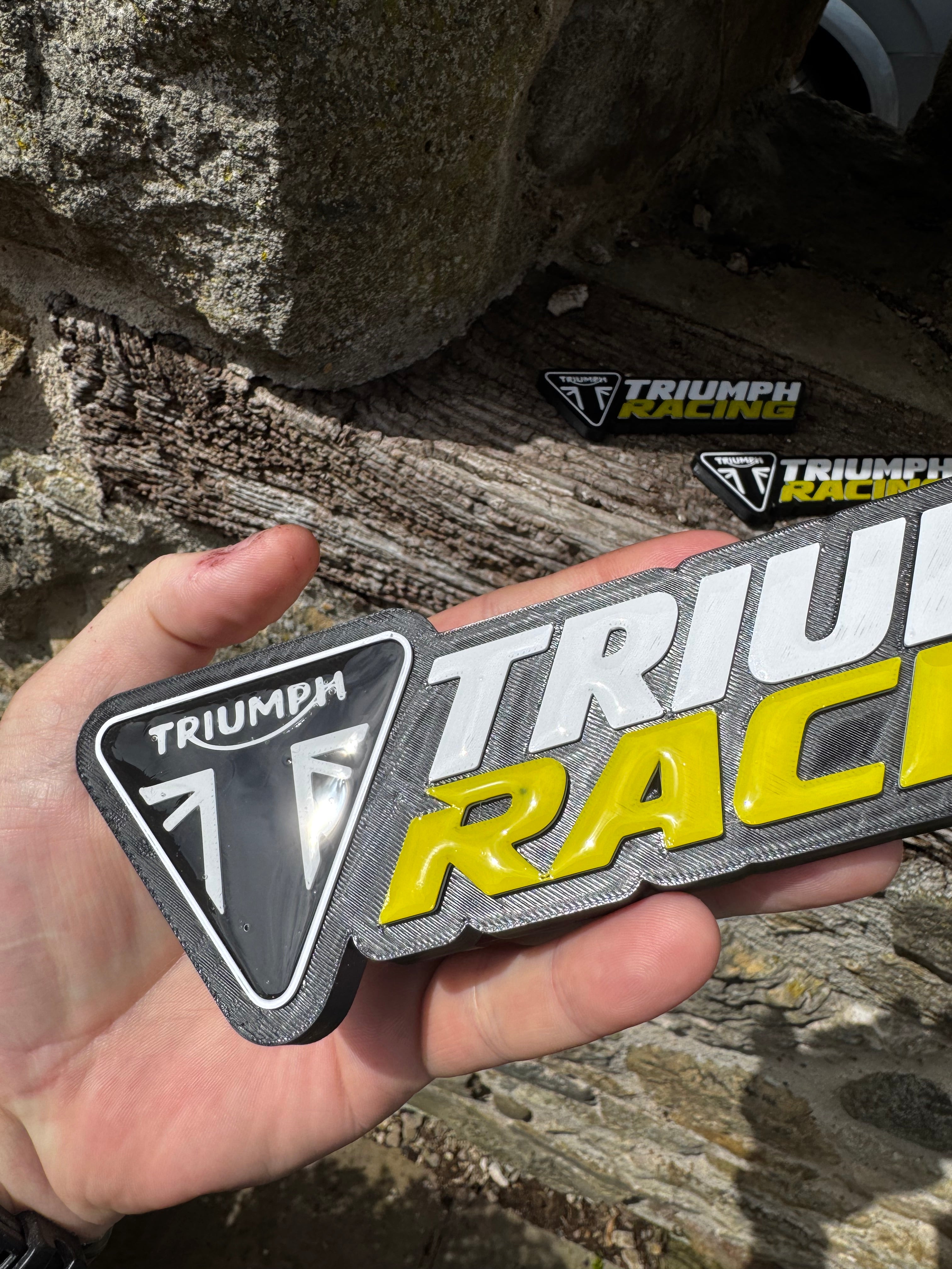Triumph Racing 3D Printed Logo Plaque Set – Large Wall Sign + 2 Mini Signs – Motorcycle Garage Display – Brettin3D
