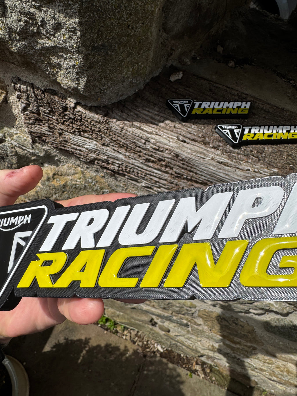 Triumph Racing 3D Printed Logo Plaque Set – Large Wall Sign + 2 Mini Signs – Motorcycle Garage Display – Brettin3D