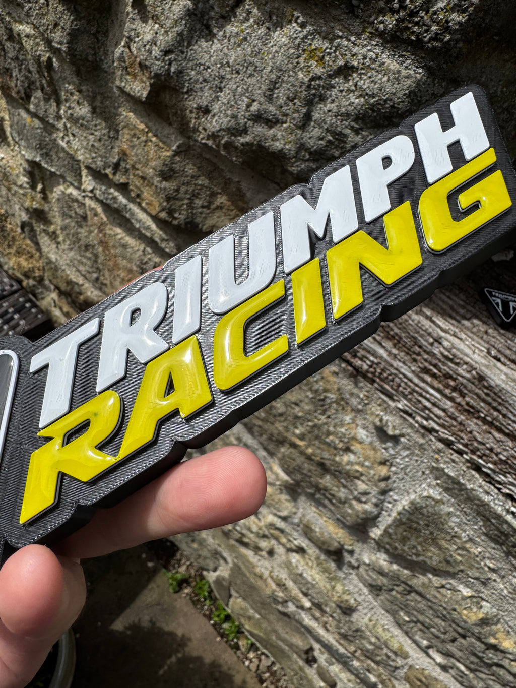 Triumph Racing 3D Printed Logo Plaque Set – Large Wall Sign + 2 Mini Signs – Motorcycle Garage Display – Brettin3D